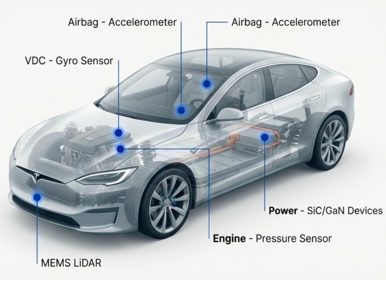 自動車MEMSおよび半導体アプリケーション - エアバッグ加速度センサー・VDCジャイロセンサー・MEMS LiDAR・SiC/GaNパワーデバイス・エンジン圧力センサー