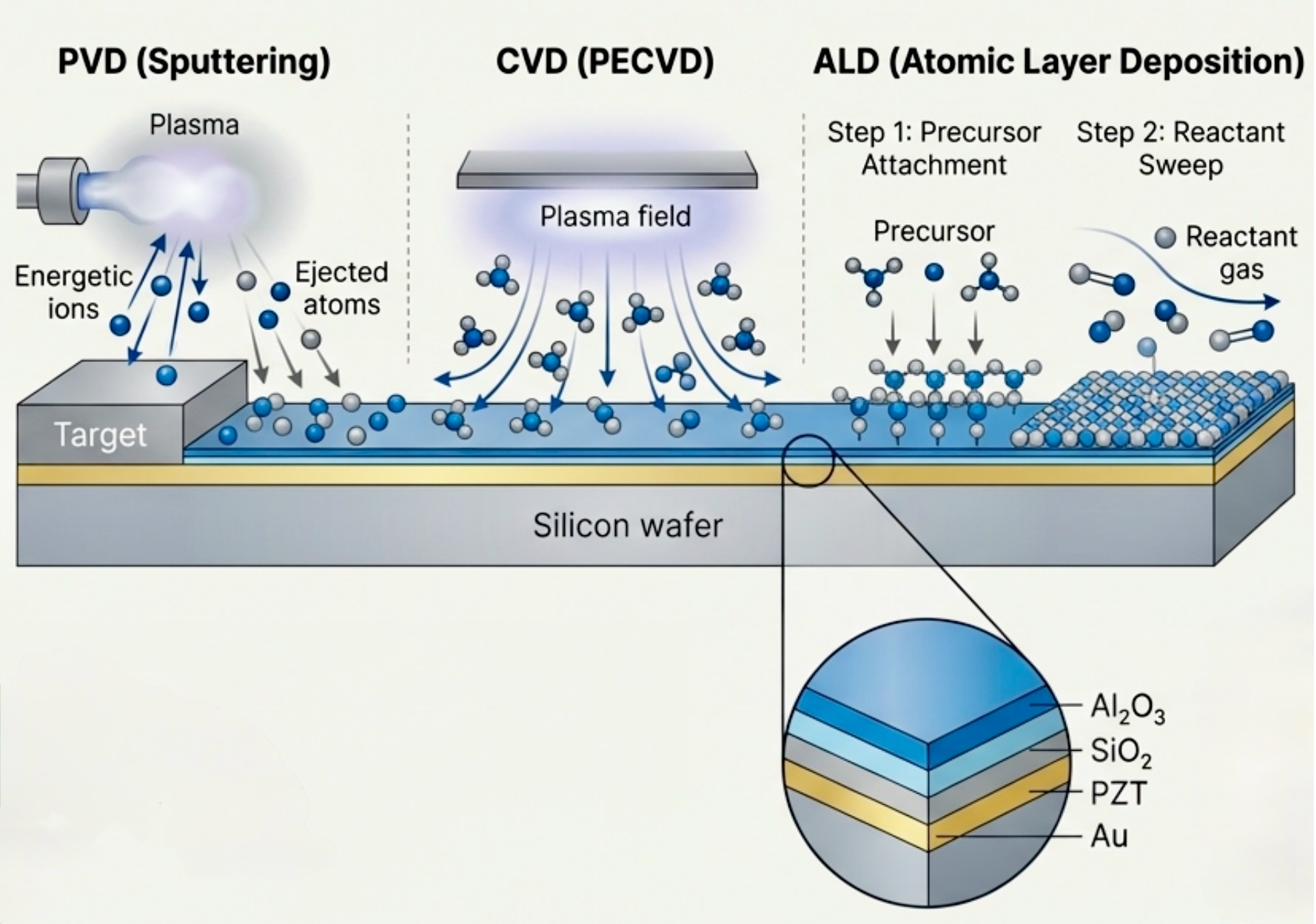 PVD・CVD・ALD成膜方式 - シリコンウェーハ断面で示されたスパッタリング・プラズマCVD・原子層成膜の模式図